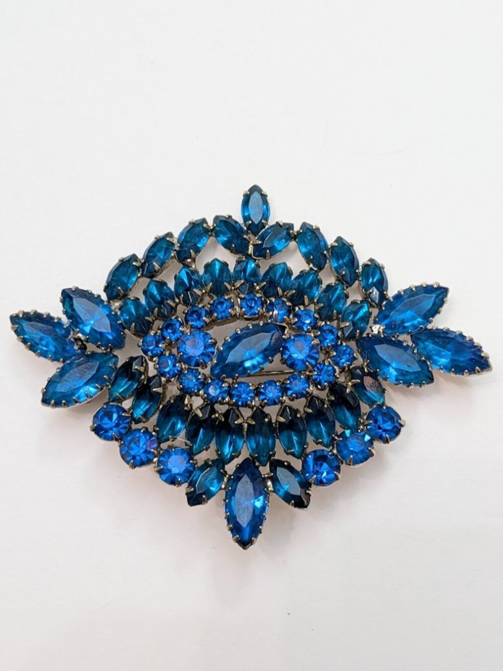 Vintage Blue Rhinestone Brooch Large Statement Navette Crystal Pin